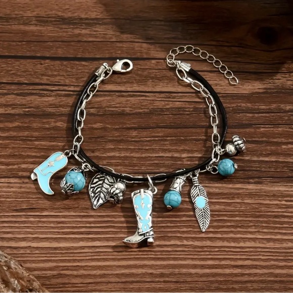 Turquoise and Silver Charm Western Bracelet - Picture 4 of 5